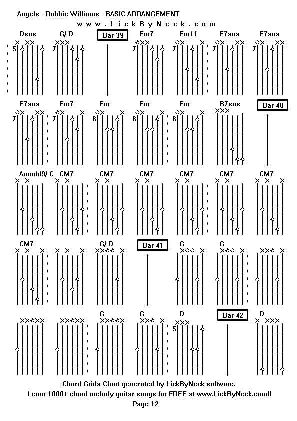 Chord Grids Chart of chord melody fingerstyle guitar song-Angels - Robbie Williams - BASIC ARRANGEMENT,generated by LickByNeck software.